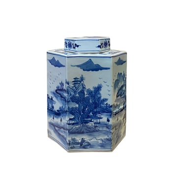 Chinese Blue & White Porcelain Trees Scenery Hexagon Jar Container ws2754E 