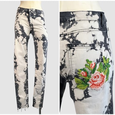 GUCCI Bleached Fitted Jeans with Rose Patch | Bleach Splattered Skinny Gray Denim, Flower Embroidered Patch, Made in Italy | Size Small 