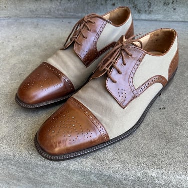 90’s vintage Men’s spectators~ 2 tone leather & canvas wingtips mahogany brown beige oxfords Stylish dress shoes~ size 91/2 Men’s 