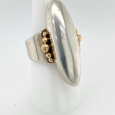 Vintage Artisan Modern Sterling Silver Oblong Ring 14k Gold Accents Sz 8.25 Signed 