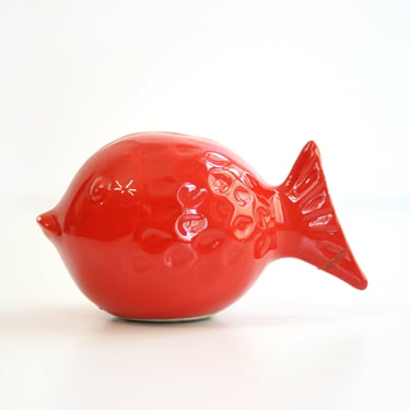 Small Vintage Ceramic Fat Lava Vibrant Red Fish Coin Container Glossy Glazed Curio Mid Century Modern West German Pottery Art Piggy Bank 