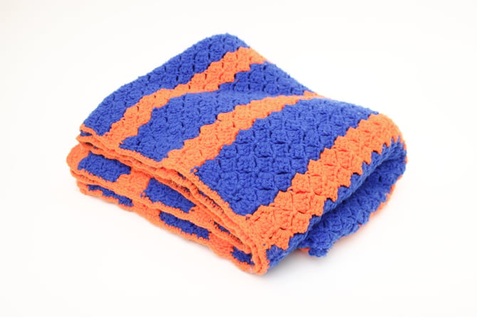 Vintage Crocheted Afghan Throw - Super Bright Blue & Orange - Soft 