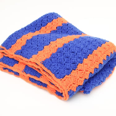 Vintage Crocheted Afghan Throw - Super Bright Blue & Orange - Soft 