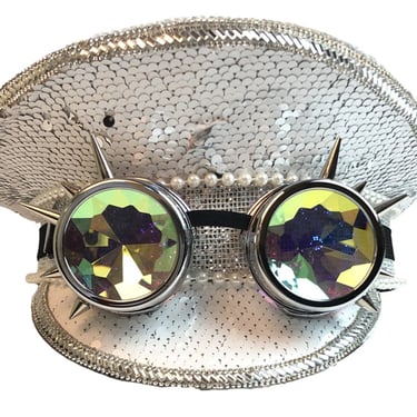 White sequin sailor hat with goggles // white sequin hat // captain hat // steampunk hat with goggles 