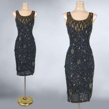 VINTAGE 80s 90s Celestial Sky Zodiac Astrology Embellished Party Dress | 1980s 1990s Sequin and Beaded Silk Dress | vfg 