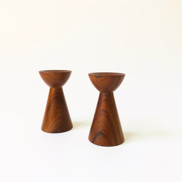 Pair of Mid Century Conical Teak Candle Holders 