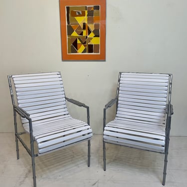 Pair of Vintage Faux Bamboo Cast Aluminum & Vinyl Strap Armchairs, in the Style of Phyllis Morris 