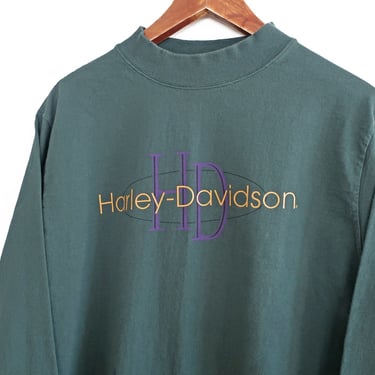 Harley Davidson shirt / 90s Harley shirt / 1990s green Harley Davidson long sleeve mock neck boxy t shirt Large 