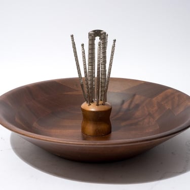 Vintage Walnut Mixed Nut Bowl with Nut cracker and Picks, Walnut Vermillion Mid Century 1960s 