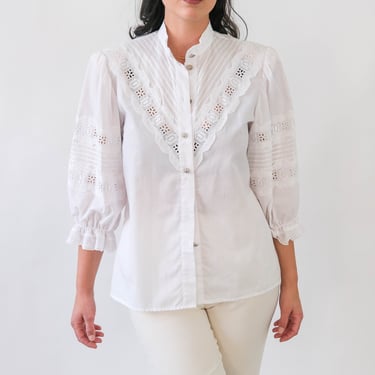 Vintage 80s Karlsbader Buse White Embroidered Prairie Blouse w/ Silver Rhinestone Buttons | 1980s Designer Bohemian Broad Shoulder Shirt 