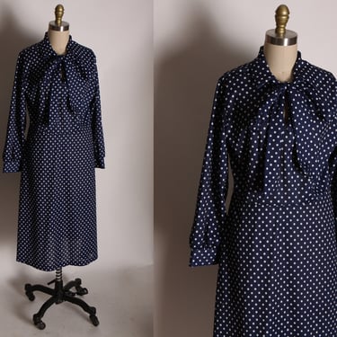1970s Navy Blue and White Polka Dot Long Sleeve Secretary Pussybow Collar Dress by Montgomery Ward -L 