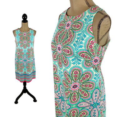Y2K Floral Print Cotton Dress Medium, Sleeveless Shift Summer Midi Dress, Casual Colorful Mod Pink & Turquoise, 2000s Clothes for Women 