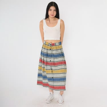 80s Striped Button Up Skirt Vintage Multicolor Midi Retro Secretary Skirt High Waisted Preppy Retro Red Blue Yellow White 1980s Small S 