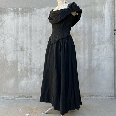 Vintage 1950s Black Ribbed Silk Maxi Dress Grace Costumes Boned Corset Maxi