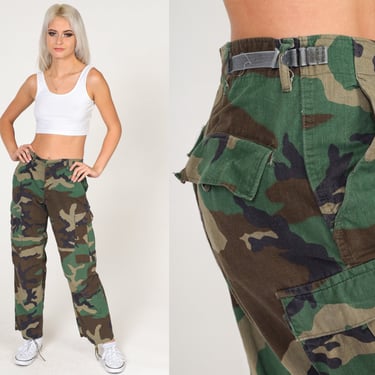 Army Camo Pants XS -- 90s Military Cargo Pants Combat Olive Green Camouflage Grunge Punk Rocker Cotton Vintage 1990s Extra Small xs Short 