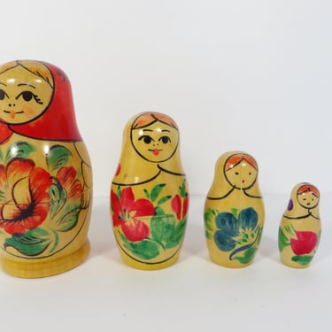 Vintage Wood Nesting Dolls - Stacking Set of 4 Babushka Wooden Russian Dolls 