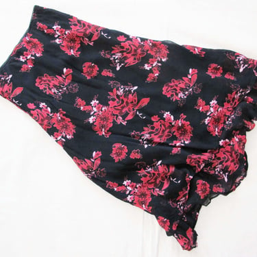 Vintage 2000s Elastic Waist Black Red Floral Skirt S - Twilightcore Whimsygoth Fluttery Pencil Skirt 