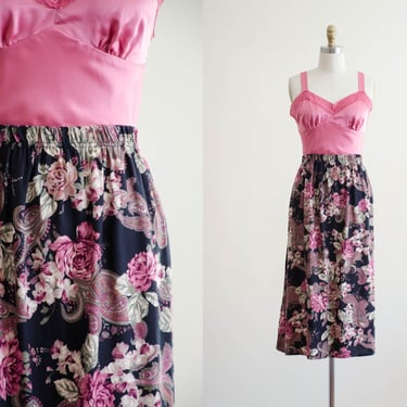 black floral midi skirt | 80s plus size pink floral elastic waist vintage skirt 