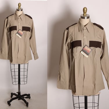 Deadstock 1970s 1980s Tan and Brown Pocketed Long Sleeve Button Down Uniform Shirt by Horace Small Sentry Deluxe -L 