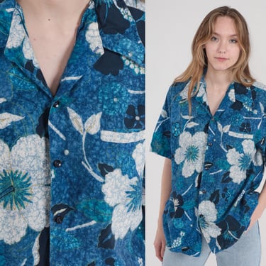 Blue Hawaiian Shirt 90s Tropical Button Up Floral Hibiscus Leaf Print Top Retro Surfer Vacation Short Sleeve Summer Vintage 1990s Mens Large 