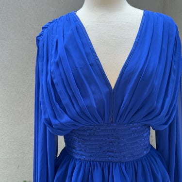 Vintage 80s chiffon dress Royal blue silk trim Sz 12 by Wayne Clark for Aline Marelle 