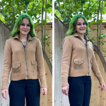Vintage 1970’s Tan Acrylic and Suede Sweater 