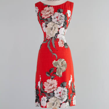 Elegant 1960's Red Silk Rose Print Dress With Daring Low Back / Medium