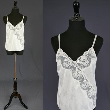 80s 90s White Camisole - Subtle Floral Print - Lace Trim Cami Blouse Slip - JC Penney Intimate Thoughts Adonna - Vintage 1980s 1990s - M 