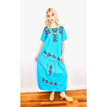Mexican Hand Embroidered Dress // vintage 70s 1970s sun boho hippie maxi turquoise Oaxacan hippy 70's // S/M 