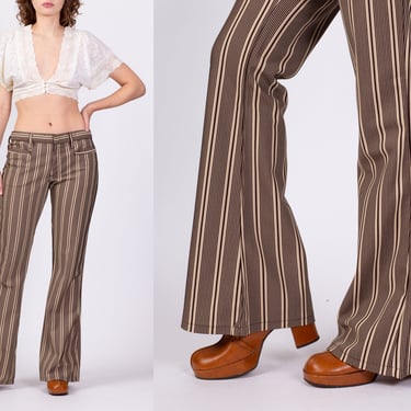 70s Brown & White Striped Bell Bottoms - Medium to Large | Vintage Mid Rise Retro Flares Hippie Trousers 