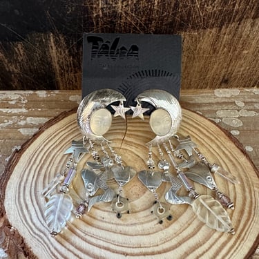 TABRA MOONSTONE Earrings | 1980s 90s Sterling Silver Dangle Earrings | Moonstone, Amethyst Beads, Crystals | Handmade 