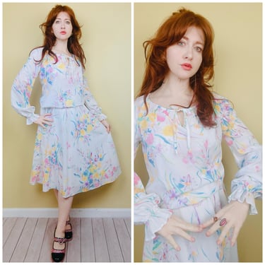 1970s Vintage Alex Coleman Multi Color Boquet Print Skirt Set / 70s Peasant Blouse and Flared Skirt Floral Outfit / Size Small 