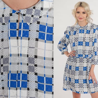 70s Plaid Dress Checkered Mini Dress Puff Sleeve High Waisted Pointed Flat Collar Grey Blue Day Dress Vintage 1970s Jonathan Martin Medium M 