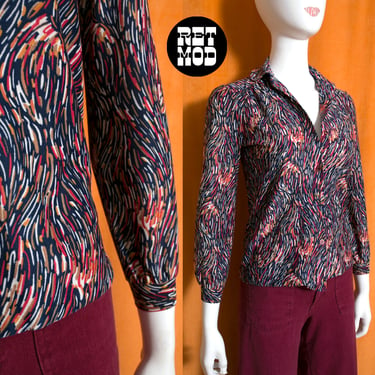 Vtg 70s does 40s Navy Red Beige Squiggles Patterned Button Down Long Sleeve Blouse by Ecco Bay 