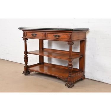 R. J. Horner Style Antique Victorian Carved Oak Marble Top Buffet Server or Console Table, Circa 1890s