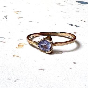 Triangle Tanzanite Ring in Solid 14k Gold on Hammered Band Trillion Cut 