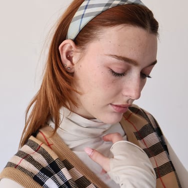 Vintage BURBERRY Blue Haymarket Check Silk Headband Horse Nova Plaid Y2K Baby Blue Checkered Y2K 