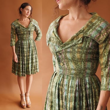 Vintage 50s Watercolor Green Double Breasted Shirtwaist Dress/ Size XS 