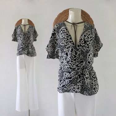 silk peplum top - s - vintage 90s y2k black white plunging low cut tapered waist short sleeve size small blouse shirt 