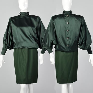 Small Galanos 1980s Green Blouse and Skirt Set Batwing Blouse High Neck Dress Set Forest Green Dress 80s Dress 
