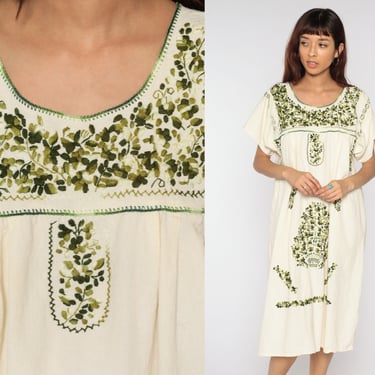 Mexican Embroidered Dress Cream Puebla Dress Peasant Midi Hippie Olive Green Boho Vintage Bohemian Traditional Cotton Large 