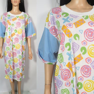 Vintage 90s Squiggle Doodle Print Cotton Night Shirt Tshirt Dress Nightgown Size M/L 