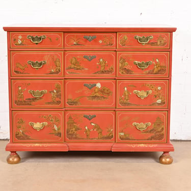 Baker Furniture Hollywood Regency Chinoiserie Red Lacquered Hand Painted Chest of Drawers