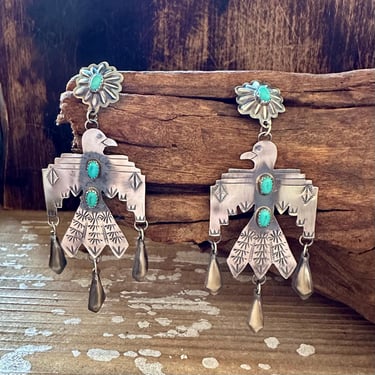 BIG THUNDERBIRD Sterling Silver & Turquoise Dangle Stud Earrings | LJE Hallmark | Navajo Native American Southwestern Bird Jewelry 