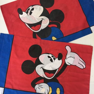 Vintage Mickey Mouse Pillow Cases, Red White Blue, Disney, Made In Canada, Cotton/Polyester, Walt Disney 