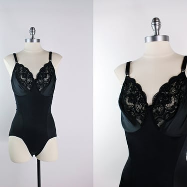 80s Olga Black Bodysuit Form Fitting / Vintage Olga bodysuit / Black Lace Bodysuit / Size 38D 