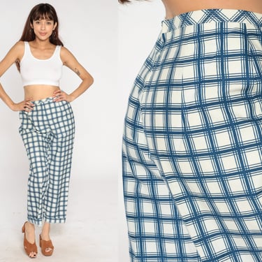 70s Checkered Pants High Waisted Trousers White Blue Plaid Print Straight Leg Retro Preppy Summer Slacks Vintage 1970s Medium M 30 