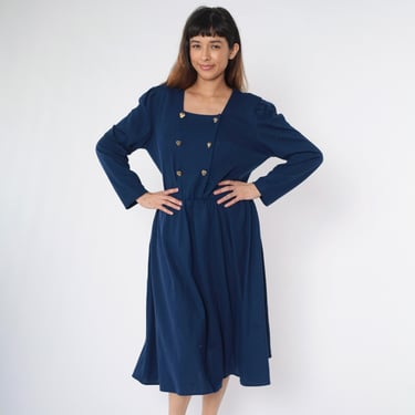 Vintage Navy Double Breasted Dress 80s Midi Shirtwaist Long Puff Sleeve Secretary Shirtdress Button Up Pocket 1980s Plain Blue Medium Large 