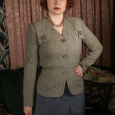 1940s Vintage Suit - Smart Heathered Grey Pin Striped Wool WWII Era 40s Tailored Blazer Jacket by Betty Rose 