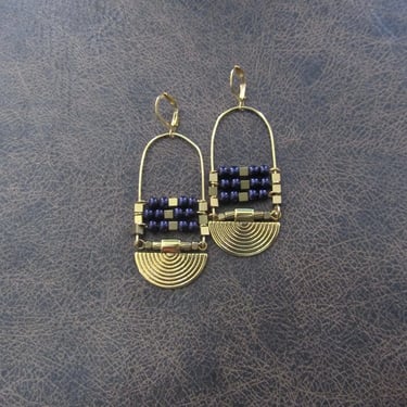 Purple pearl and brass ethnic chandelier earrings 